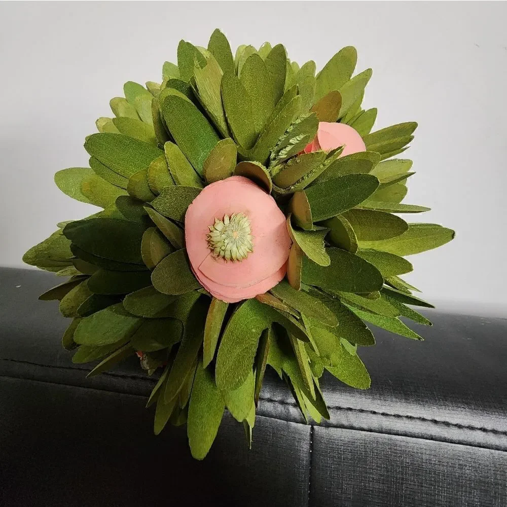New Homespun Spring Summer Floral Wood Curl Topiary Bouquet, 9